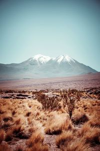 Scenic view of snowcapped mountains against clear sky