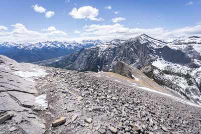 Mountain summit views with rocky foreground, shot at mt yamnuska, canadian rockies, alberta, canada