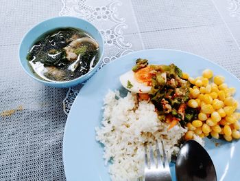 High angle view of meal served on table