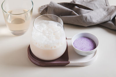 High angle view of breakfast on table