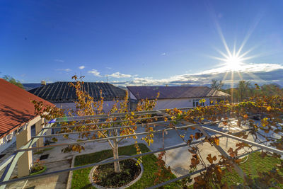 Panoramic view of buildings against blue sky