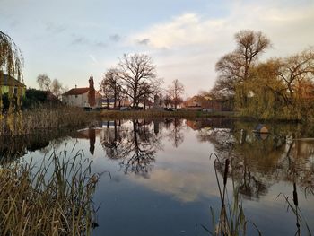 Lindeberger village church and village pond at sunset
