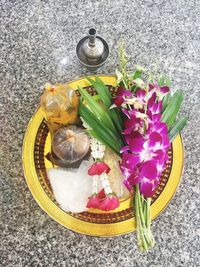 High angle view of rose on table