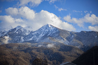 Scenic view of snowcapped mountains against sky