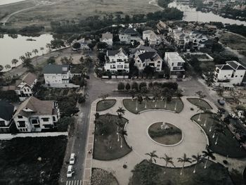 High angle view of houses in town