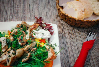 High angle view of food served on table