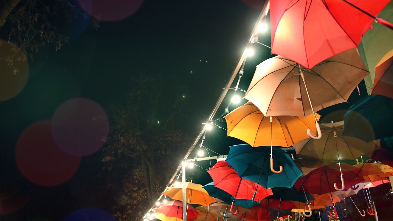 multi colored, lighting equipment, low angle view, hanging, night, no people, outdoors, sky, chinese lantern festival