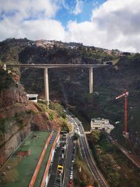 High angle view of bridge in city against sky