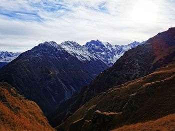 Scenic view of snowcapped mountains against sky