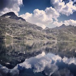 Scenic view of lake and mountains against sky