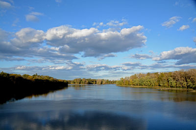 Scenic view of calm lake against cloudy sky