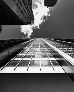 Directly below shot of railroad tracks amidst buildings against sky