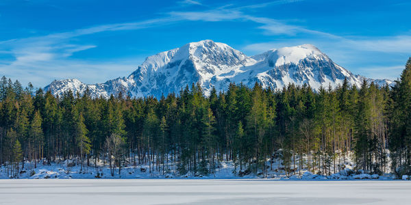 Scenic view of snow covered mountains against sky