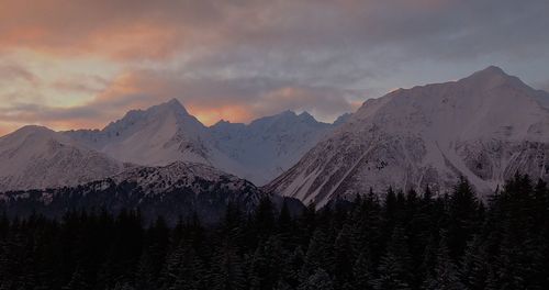 Scenic view of snowcapped mountains against sky during sunset