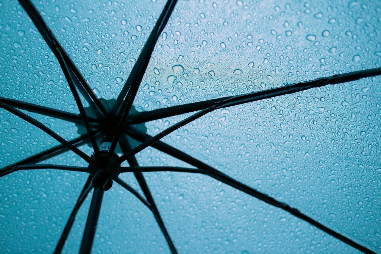 blue, low angle view, indoors, close-up, full frame, metal, pattern, backgrounds, umbrella, day, ceiling, built structure, no people, directly below, metallic, window, design, sky, protection, textured