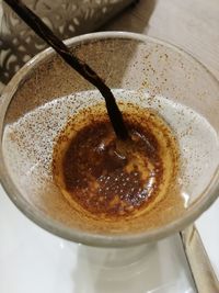 High angle view of cappuccino on table