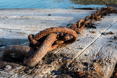 Close-up of rusty metal on beach