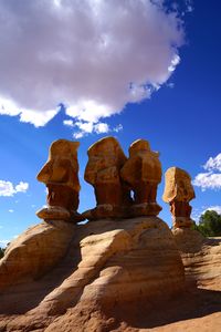 Low angle view of rock formation against cloudy sky