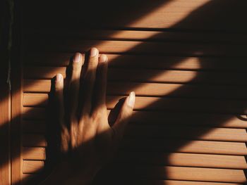 Shadow of hand on window shutter