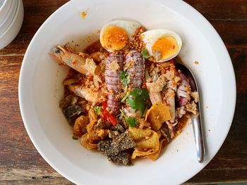 High angle view of food in plate on table