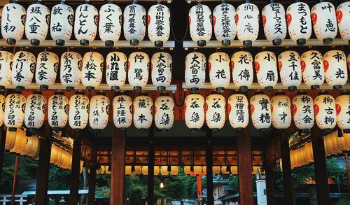 Lanterns with text hanging on temple