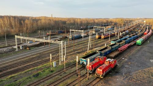 High angle view of train on land against sky