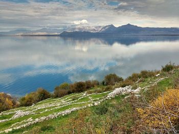 Scenic view of lake against cloudy sky