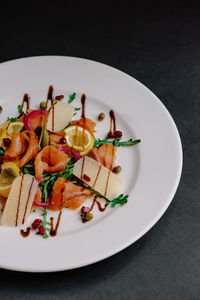 High angle view of food served on table