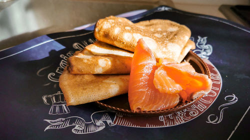 High angle view of breakfast served on table