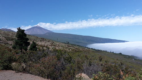 Scenic view of mountains against cloudy sky