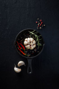 Directly above shot of ingredients with cooking pan on table