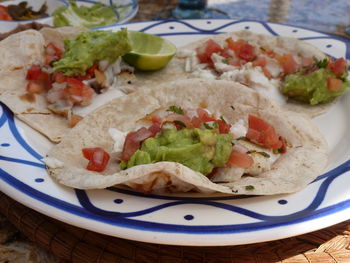 High angle view of meal served in plate on table