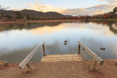 High angle view of pier over lake against sky