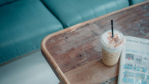 High angle view of drink on table