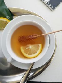 High angle view of soup in bowl on table