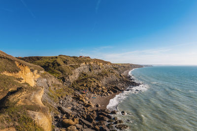 Scenic view of sea against clear blue sky