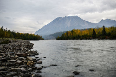 Scenic view of lake by mountains against sky