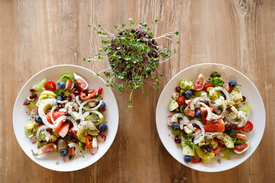 High angle view of salad in bowl on table