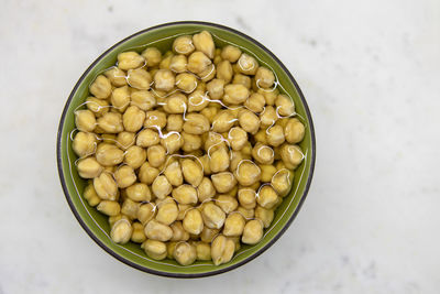 High angle view of eggs in bowl on table