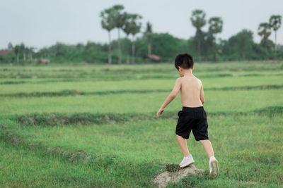 Rear view of shirtless man standing on field