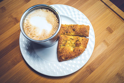 High angle view of breakfast on table
