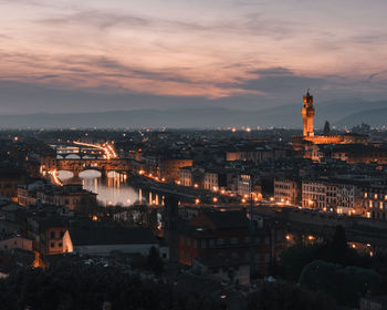 High angle view of illuminated buildings against sky during sunset