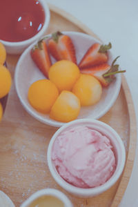 High angle view of fruits in bowl on table