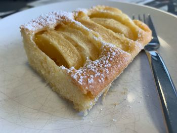 High angle view of cake in plate on table