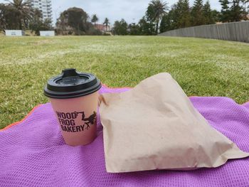 Close-up of fresh pink food on field in park