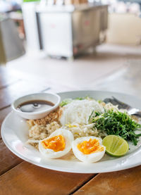 High angle view of food served on table