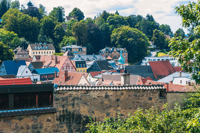 High angle view of buildings in city