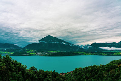 Panoramic view of lake thun in switzerland.