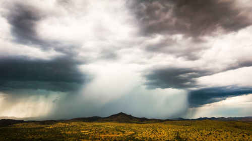 Scenic view of field against sky.cloudy with sunset, clodus of rain, balck color of clouds,