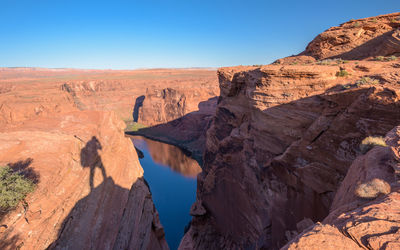 Scenic view of rock formations against clear blue sky